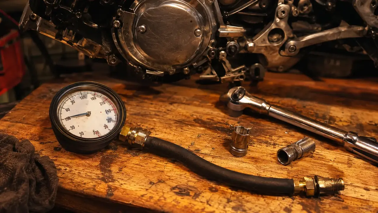 A compression gauge with a rubber hose lying on a wooden workbench next to a motorcycle engine being worked on, a ratchet and sockets scattered nearby
