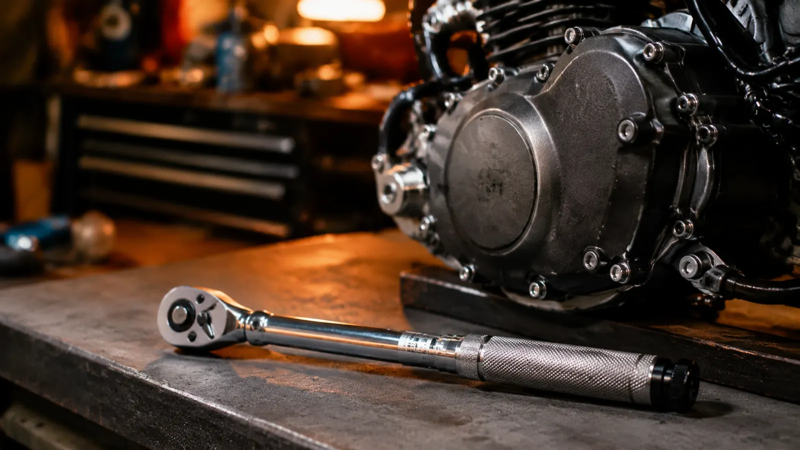 A click torque wrench lying beside freshly torqued fasteners on a motorcycle engine cover in a workshop