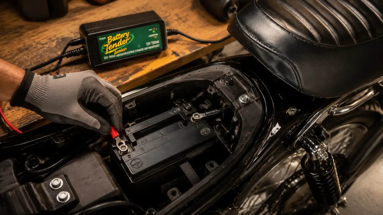 A gloved hand attaching a small battery maintainer's ring-terminal cable to the posts of a motorcycle battery in an open seat tray