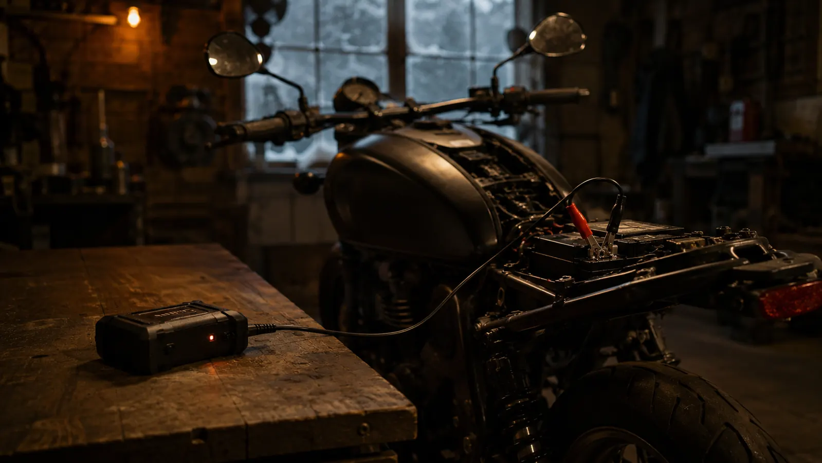 A motorcycle parked in a cold garage with a small battery maintainer resting on the bench and a cable running out from under the seat toward it