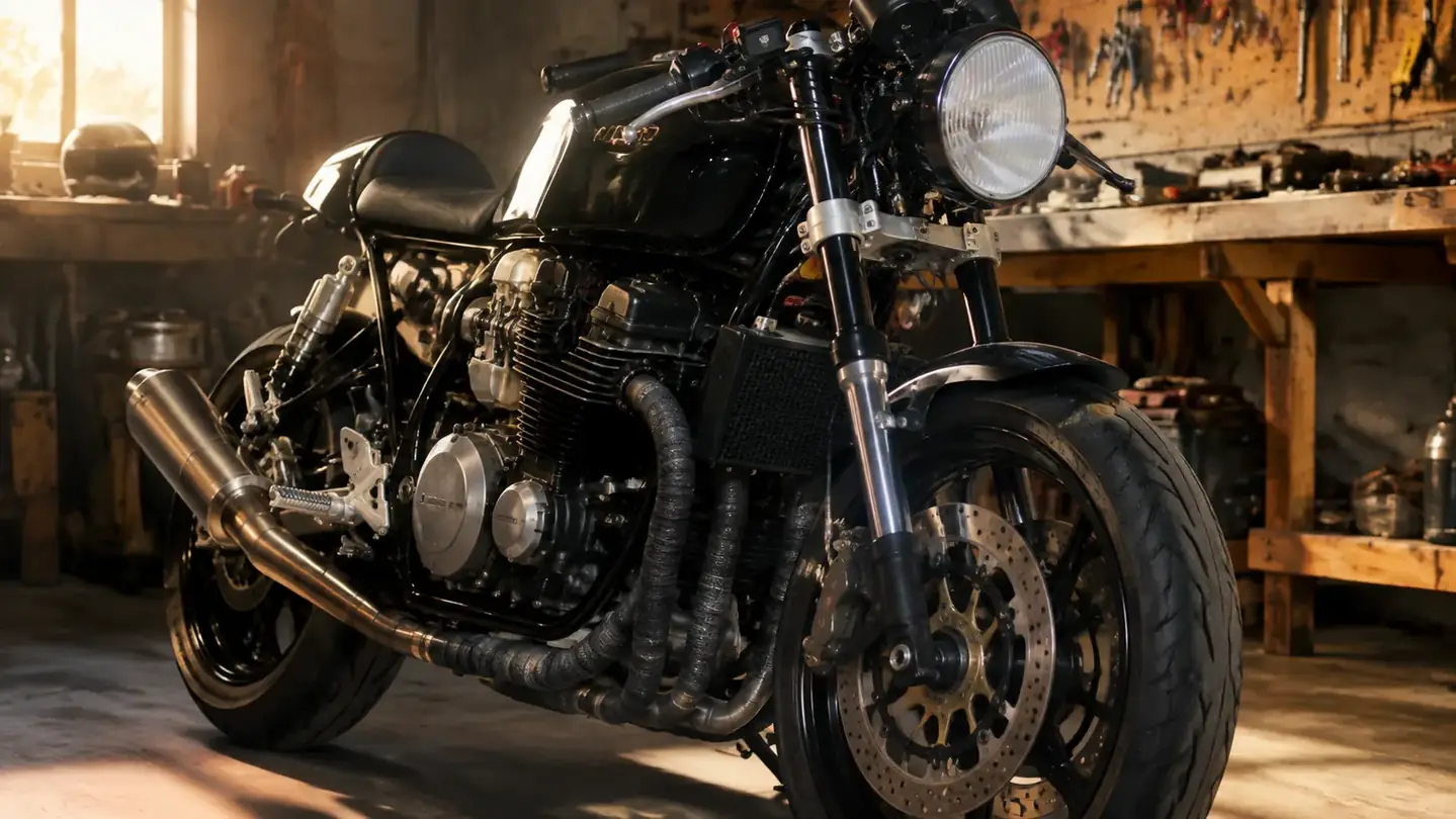 A custom naked motorcycle in a workshop with its front header pipe wrapped in black heat wrap, tools on the bench behind it
