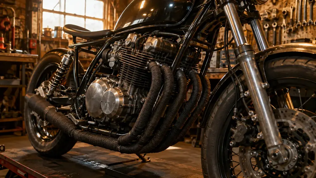 A motorcycle header pipe wrapped in black fiberglass heat wrap sitting in a warm garage with morning light across the shop floor