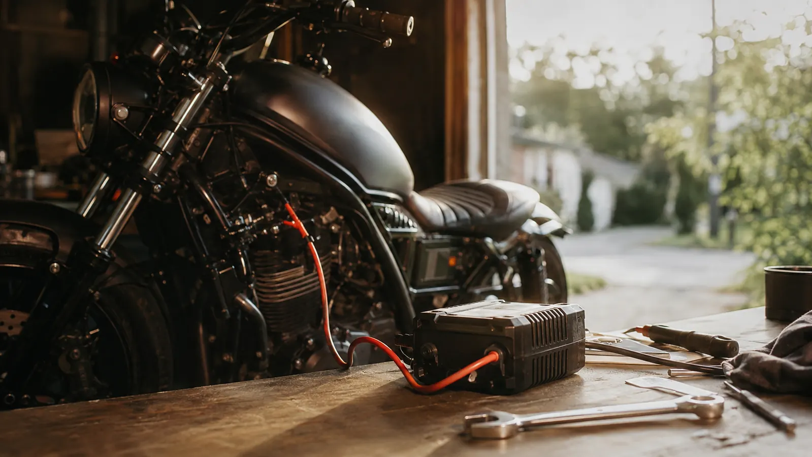 A motorcycle in a home garage with a small black battery maintainer charger on the workbench and leads running to the battery, warm morning light through the open door