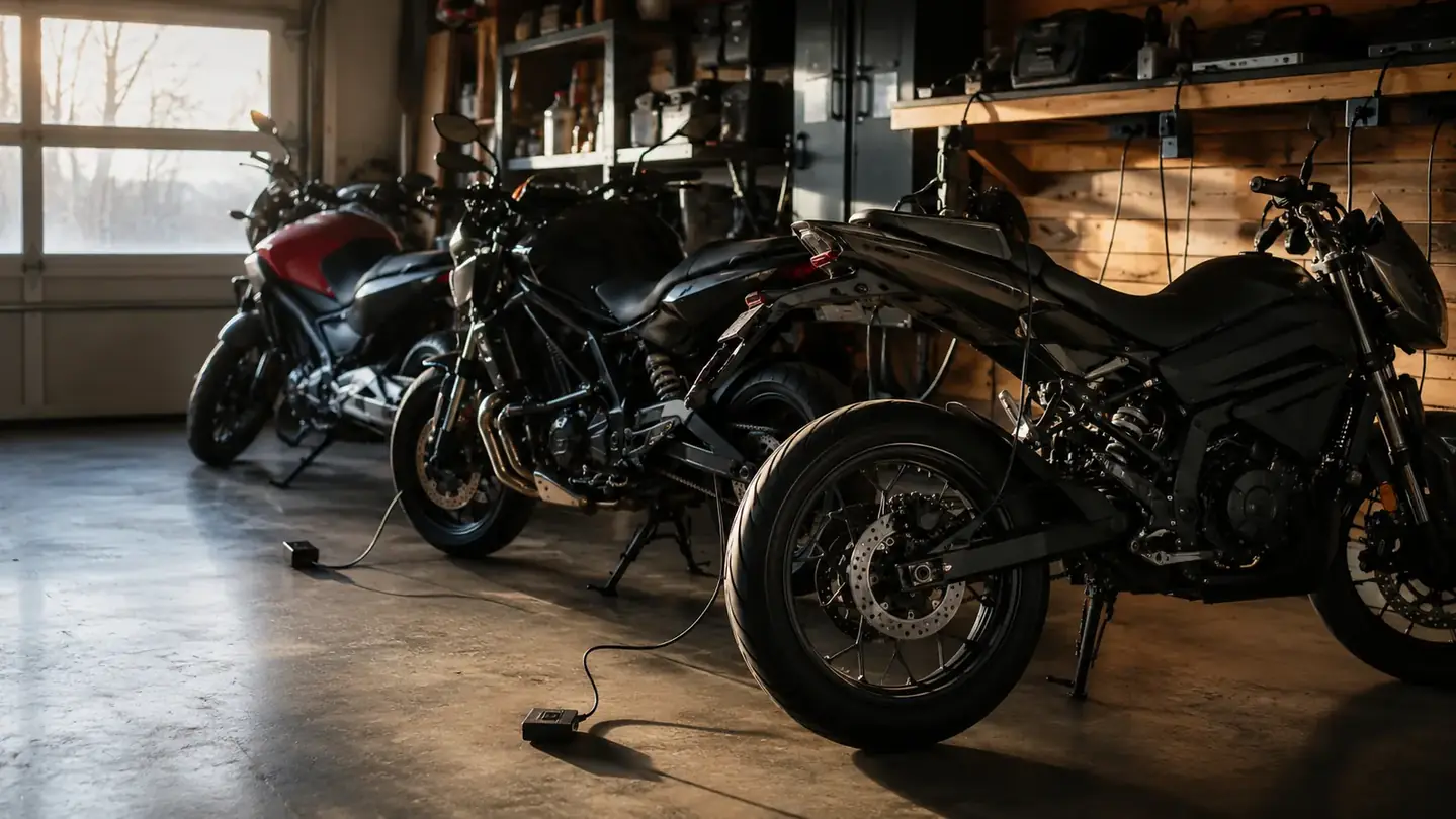Several motorcycles parked in a row in a garage for winter with thin leads running from each battery toward plug points on a shelf