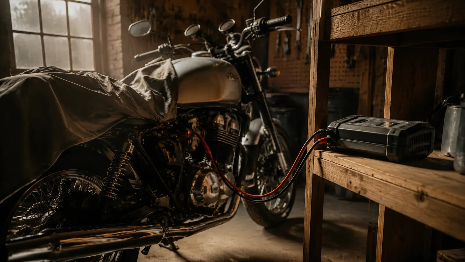 A motorcycle parked for winter in a workshop with a small maintainer box resting on a wooden shelf behind the tank and thin leads running toward the battery