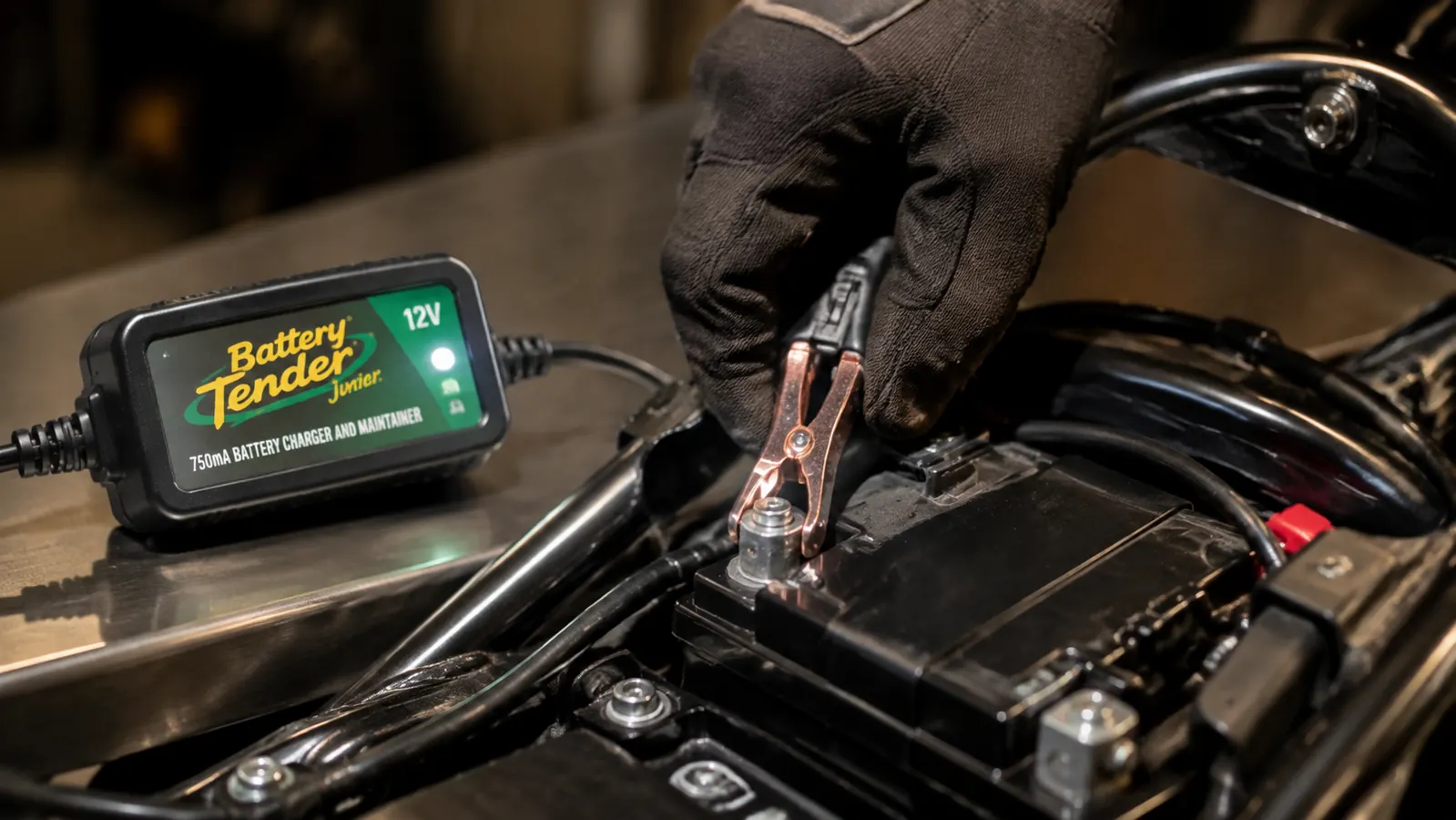Close shot of a rider's hand pressing a battery maintainer's alligator clamp onto a clean motorcycle battery terminal