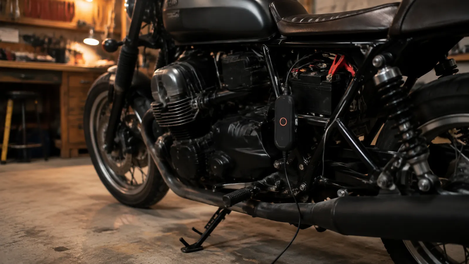A motorcycle on its side stand in a workshop, a small battery maintainer clipped to the battery leads with its red charging light glowing in the low light