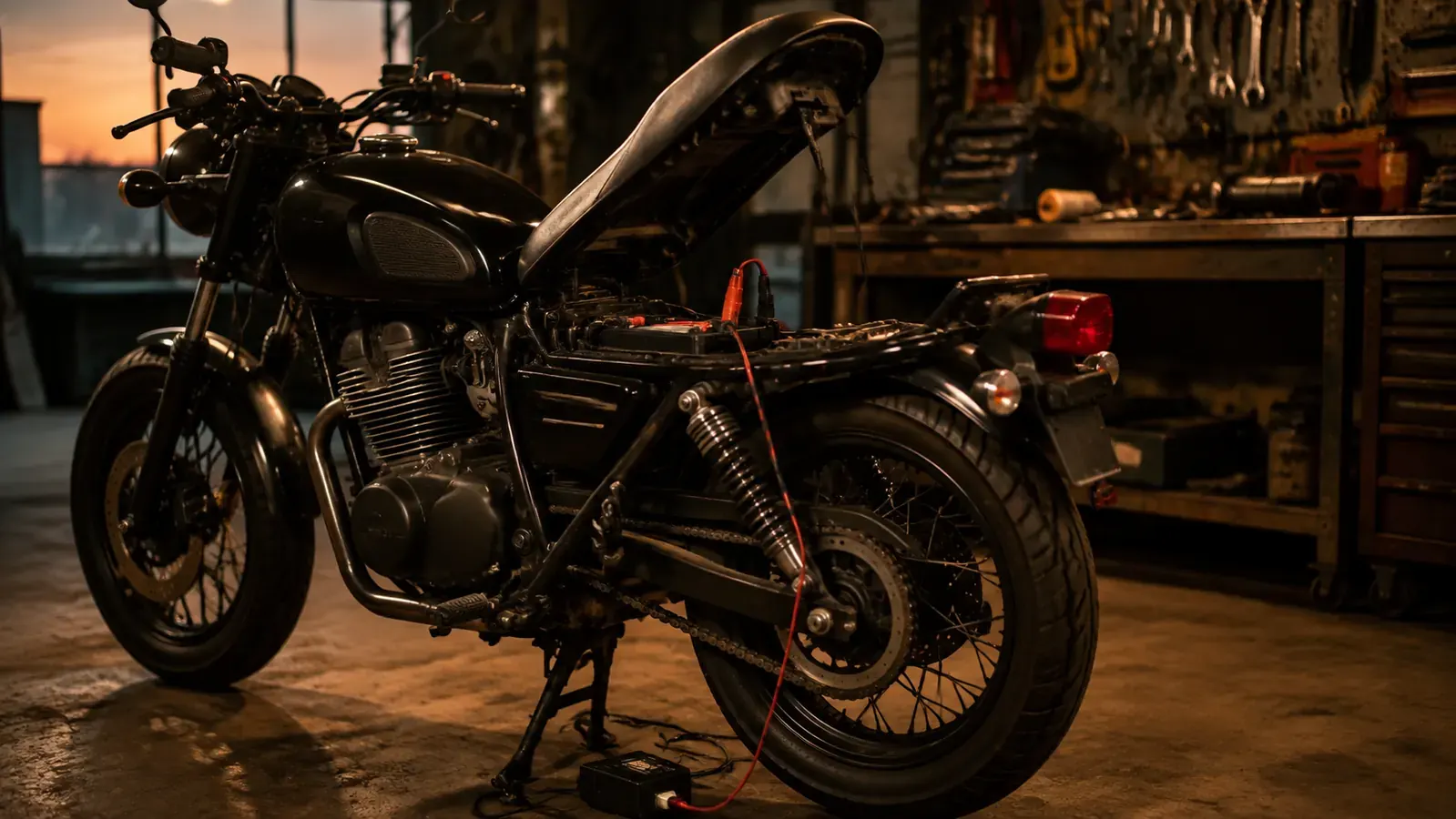 A motorcycle in a dim garage with a small battery maintainer plugged in, seat up, soft workbench light