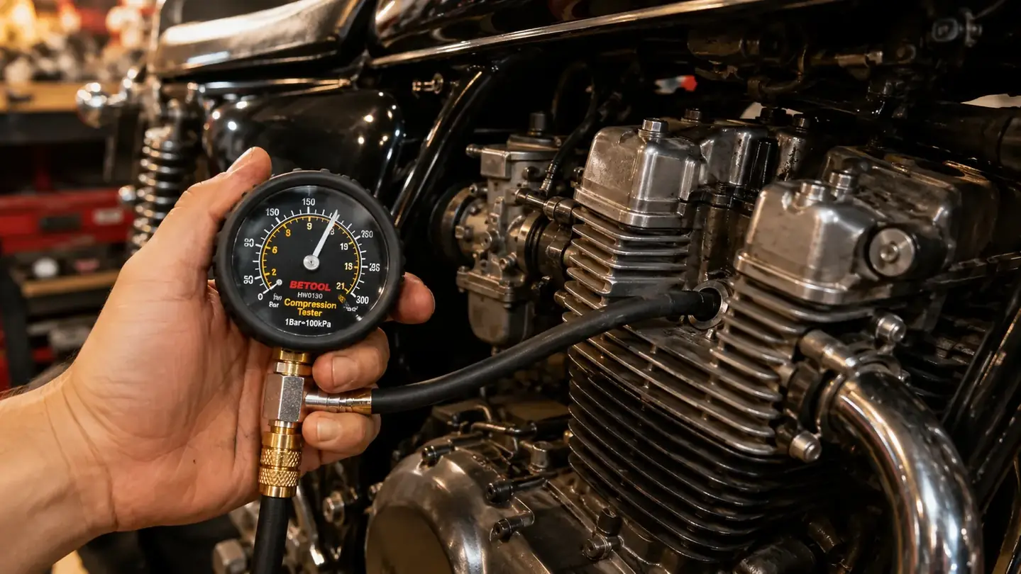 A hand holding a compression gauge and hose threaded into a spark plug hole on a motorcycle engine, the gauge face and hose visible against the engine