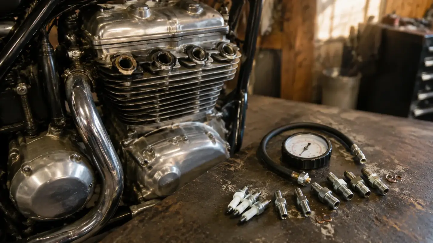 A motorcycle engine on a workbench with the spark plugs pulled, a compression gauge kit with hoses and fittings laid out on the bench beside it