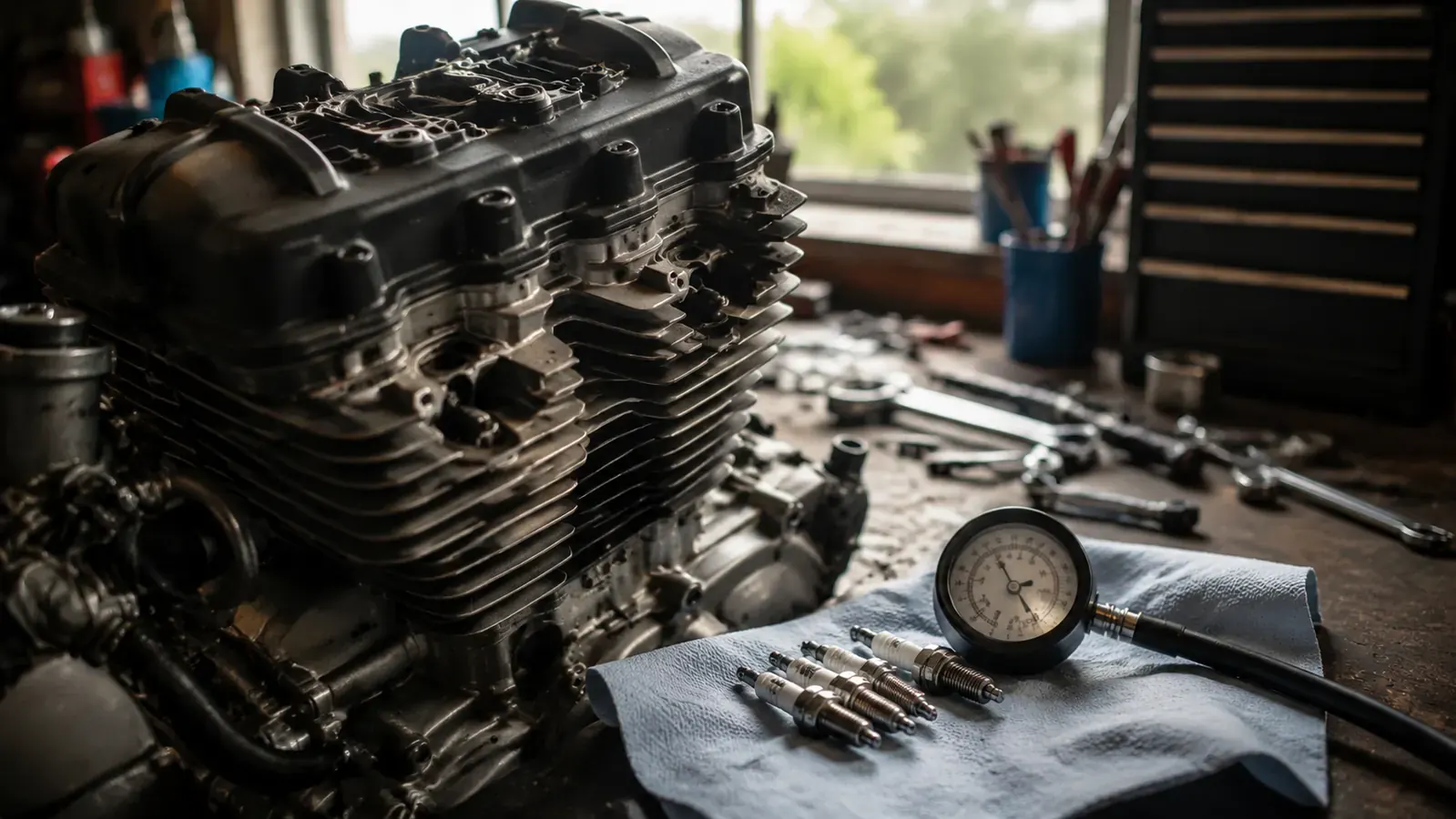 A motorcycle engine on a workbench with its spark plugs removed and set on a clean cloth, a round compression gauge lying on the bench beside the motor