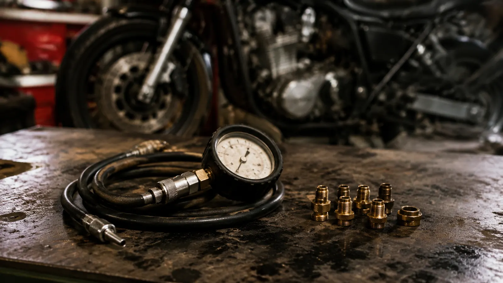 A compression tester gauge with a coiled rubber hose laid out on an oil-stained shop workbench beside a cluster of small threaded adapters, warm workshop light