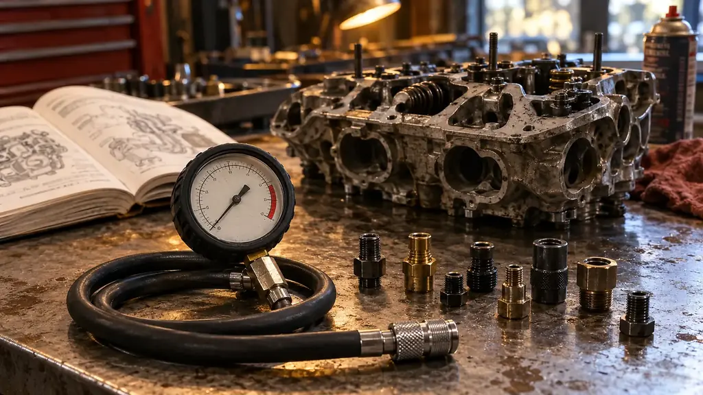 A compression tester gauge with coiled hose and an assortment of threaded adapters laid out on a grease-stained steel workbench next to a motorcycle cylinder head, warm workshop light