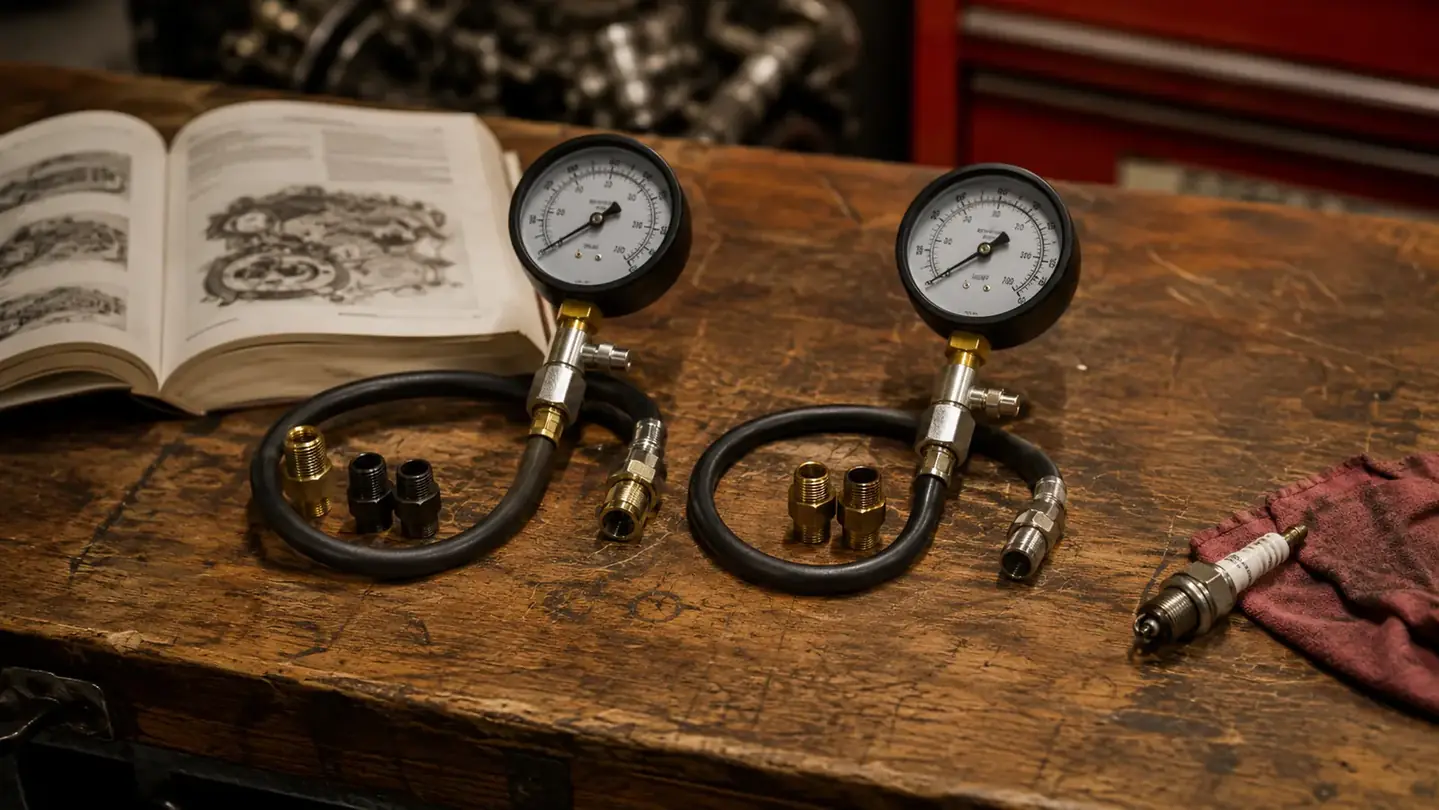 Two compression tester gauge kits side by side on a workshop bench next to a motorcycle spark plug, warm garage light