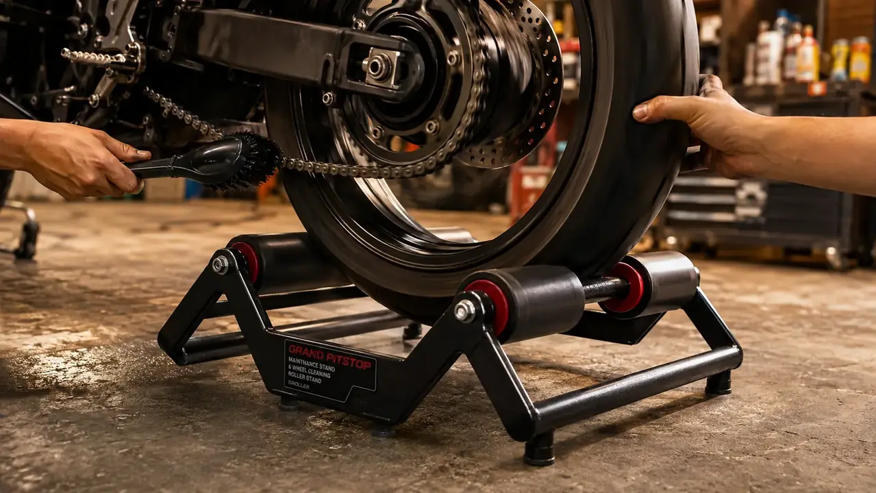A hand spinning a motorcycle rear wheel that rests on the two padded roller arms of the maintenance stand, a chain brush at the drive chain, concrete shop floor