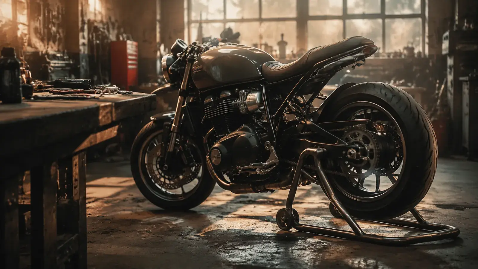 A motorcycle in a workshop with its rear wheel resting up on a maintenance roller stand, chain tools laid out on a bench beside it, warm morning light through a shop window