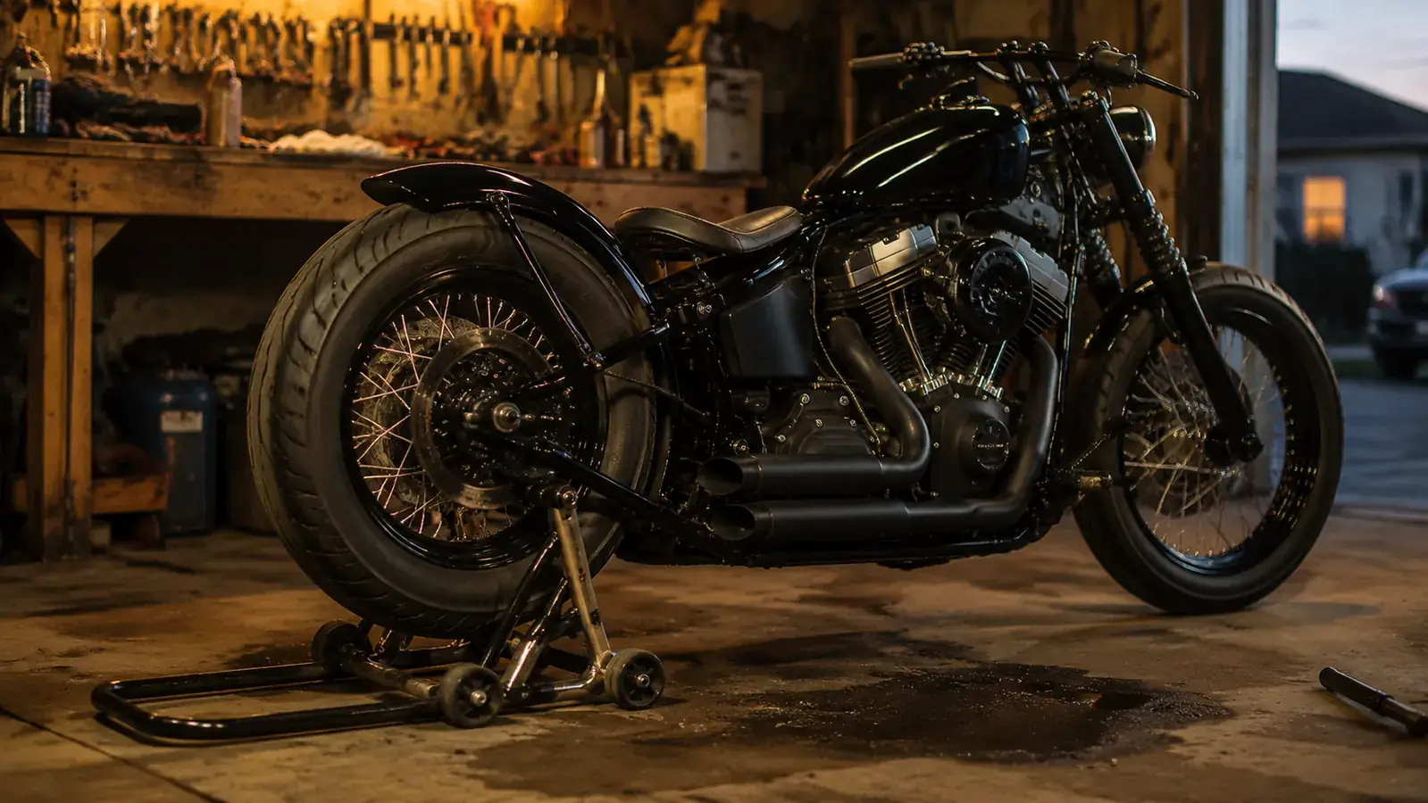A dark custom cruiser motorcycle with its rear wheel up on a two-roller stand in a garage workshop, warm workbench light