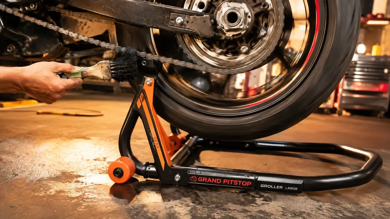 Hand holding a brush spinning the rear wheel against a roller stand while cleaning the chain