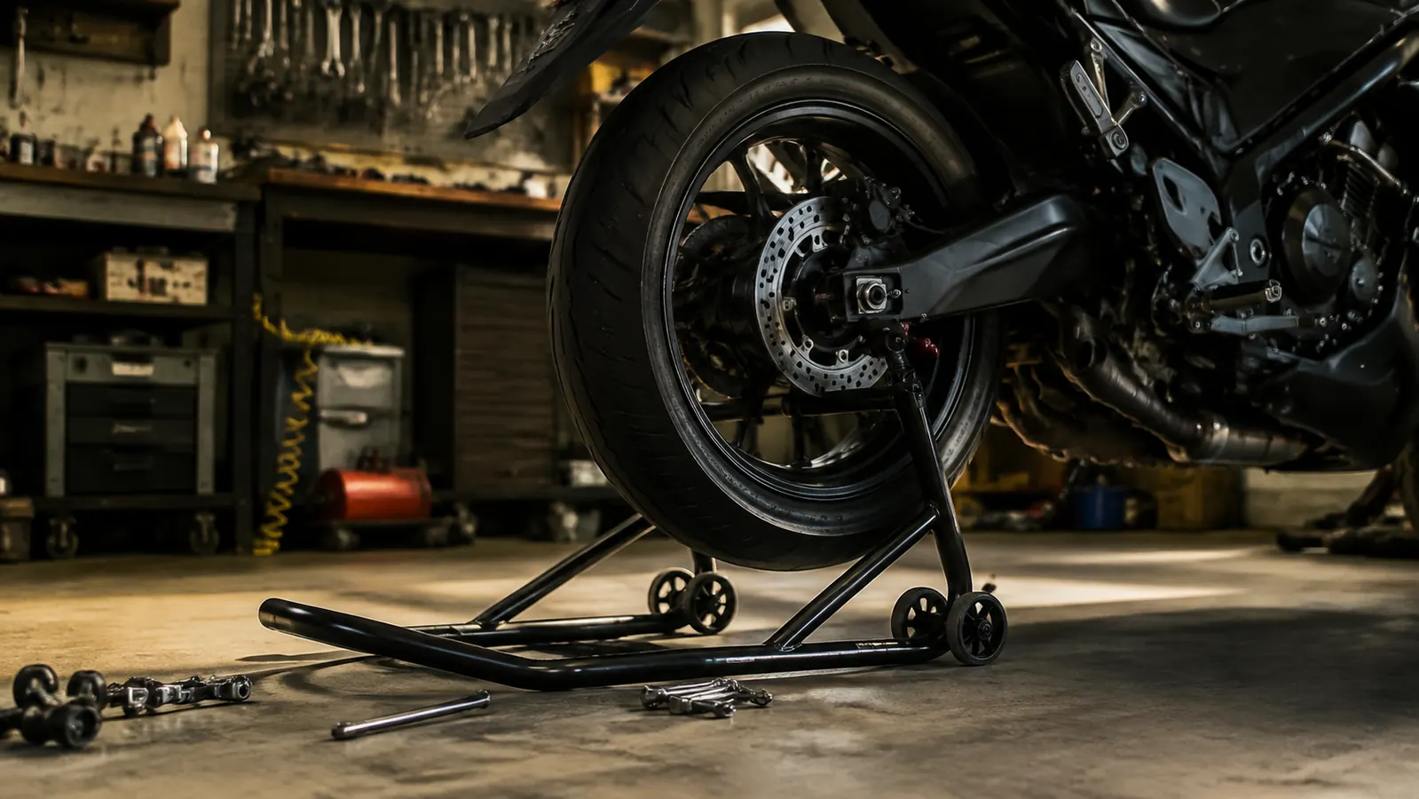 Rear wheel lifted clear of a motorcycle on a padded rear stand, axle and chain visible underneath