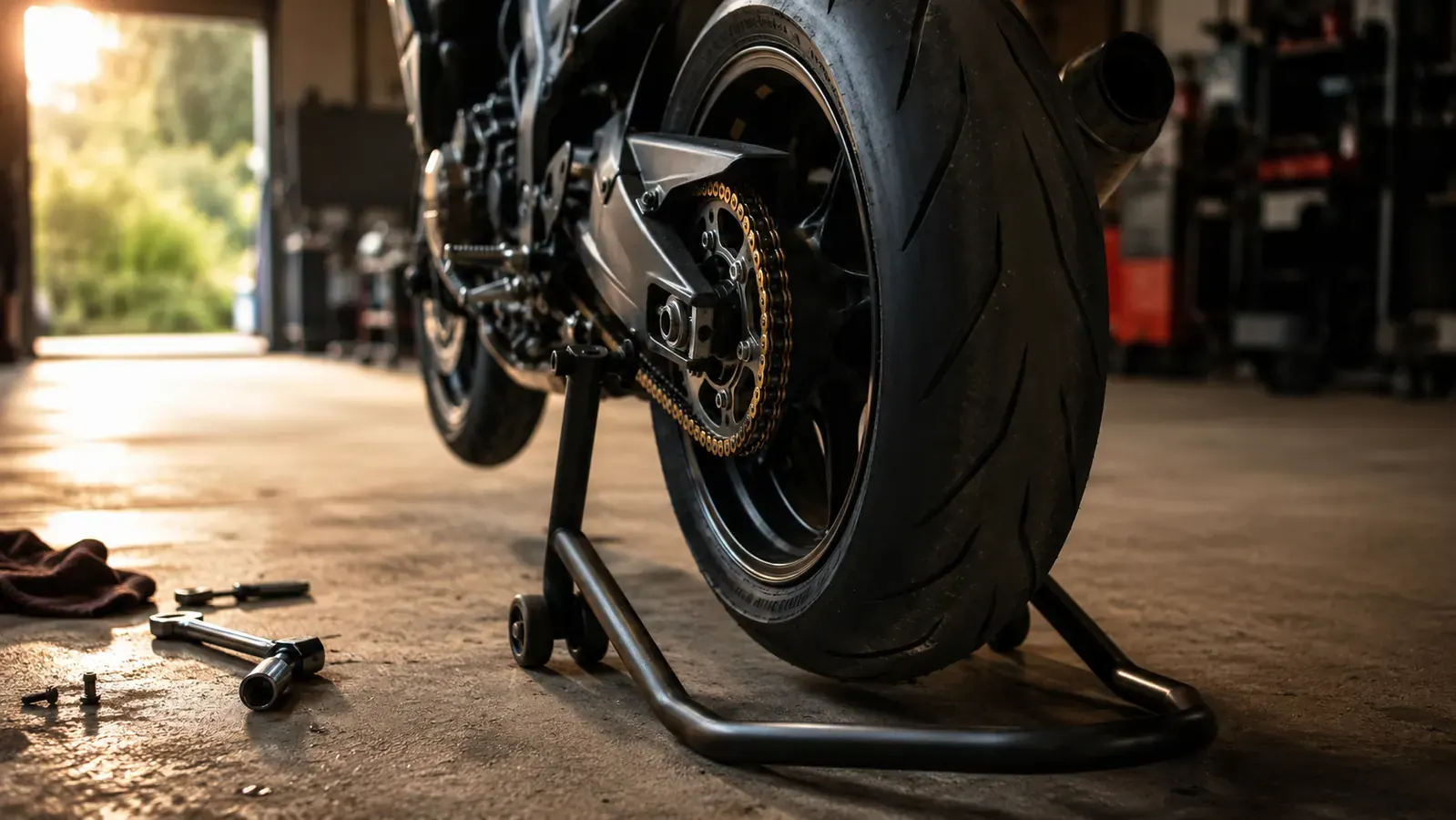Rear wheel of a motorcycle resting on a roller stand in a workshop, chain visible, warm workbench light