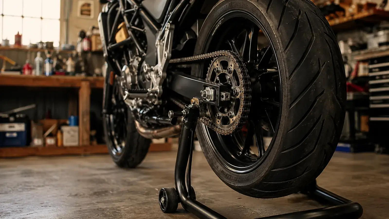 Rear wheel of a motorcycle lifted on a roller stand in a workshop, the chain visible and the bench lit by soft morning light through a window