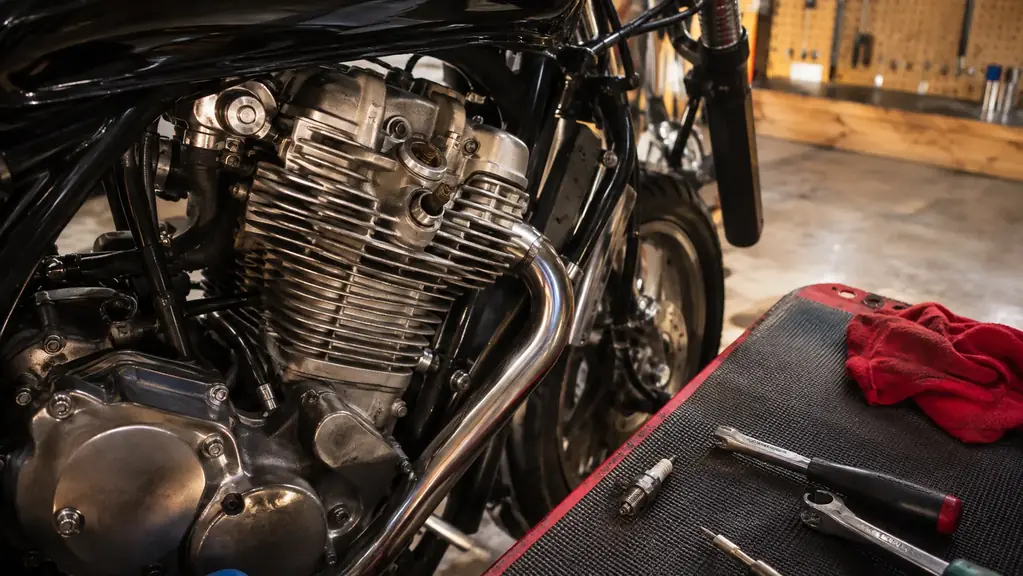A motorcycle engine on a workbench with the spark plug pulled and a rubber hose adapter seated in the head, service tools laid out on a shop mat beside it in warm workshop light