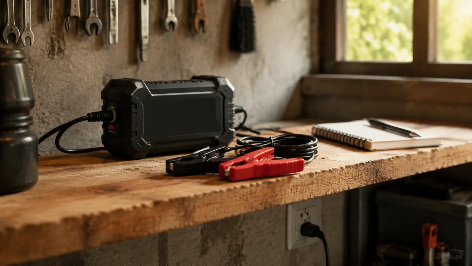 A compact motorcycle battery maintainer sitting on a wooden workbench shelf with its output cable coiled, a grounded outlet visible on the wall below