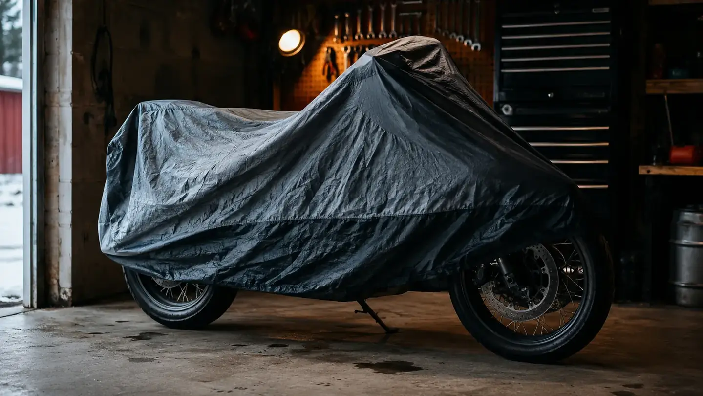 A motorcycle covered with a breathable cloth sat in a dim garage bay for winter, a warm work light glowing behind it, concrete floor and tool chest visible