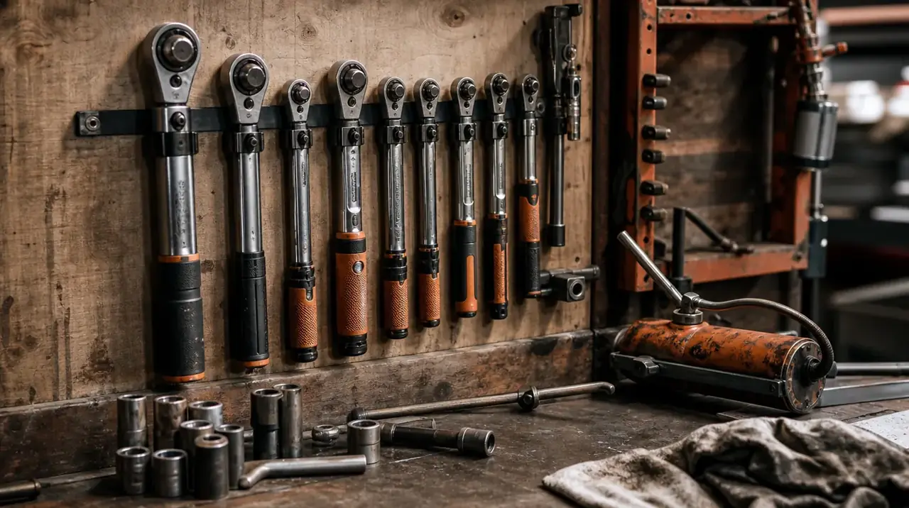 A metal torque wrench rack hanging above a workbench with several wrenches and sockets in the background