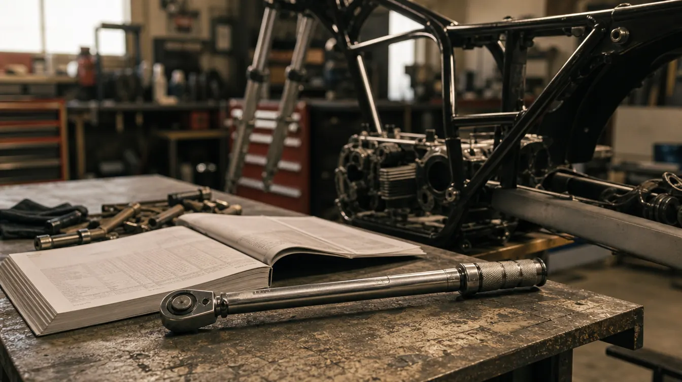 A 1/2-inch drive click torque wrench on a shop workbench beside an open service manual and a motorcycle frame in the background