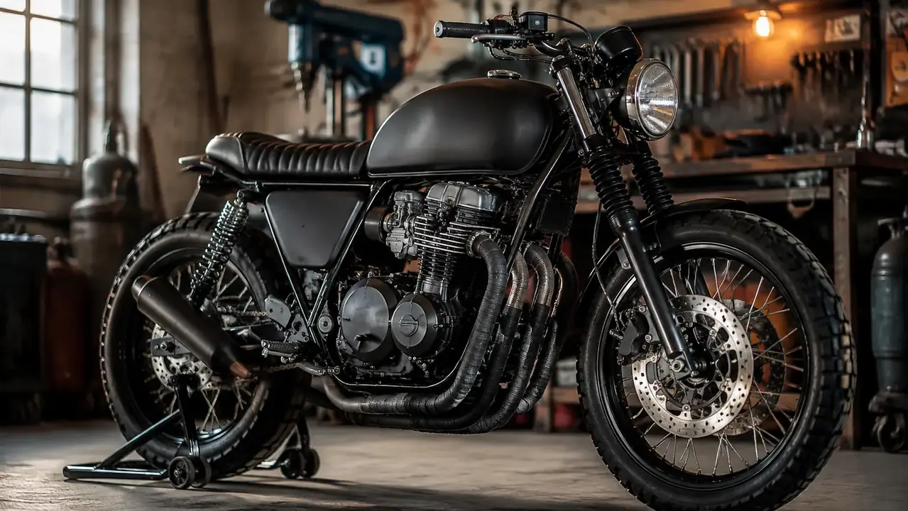 A motorcycle with matte black wrapped header pipes showing clean even overlaps, sitting on a rear stand in a shop