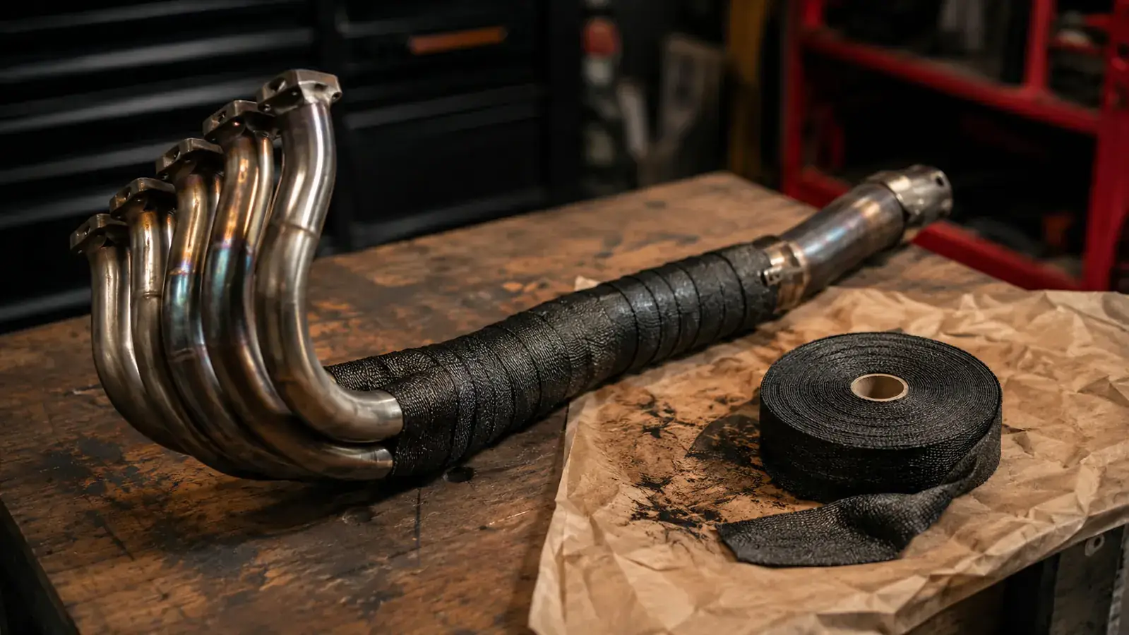 A motorcycle header pipe laid across a shop workbench beside a roll of black fiberglass heat wrap, warm overhead light