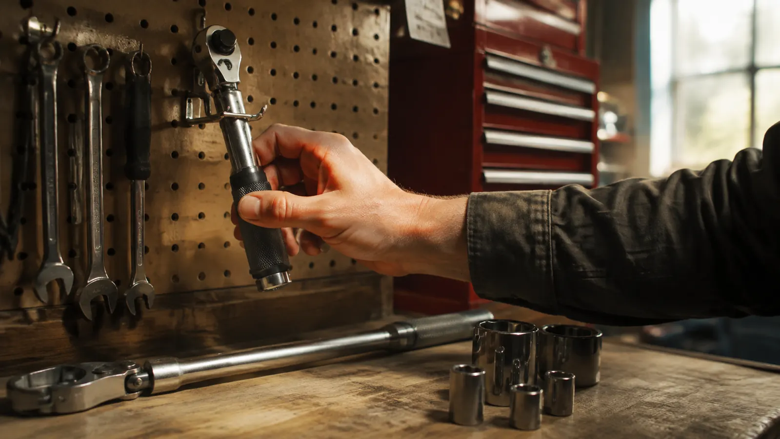 A hand winding a click torque wrench down to its lowest setting before hanging it on a pegboard, sockets and a breaker bar on the bench, daylight from a garage window
