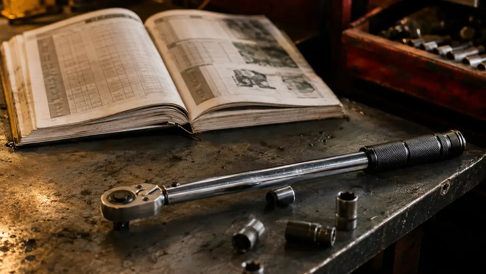 A 1/2-inch drive click torque wrench lying on a steel workbench beside a factory service manual opened to a torque chart, warm workshop light, grease on the bench