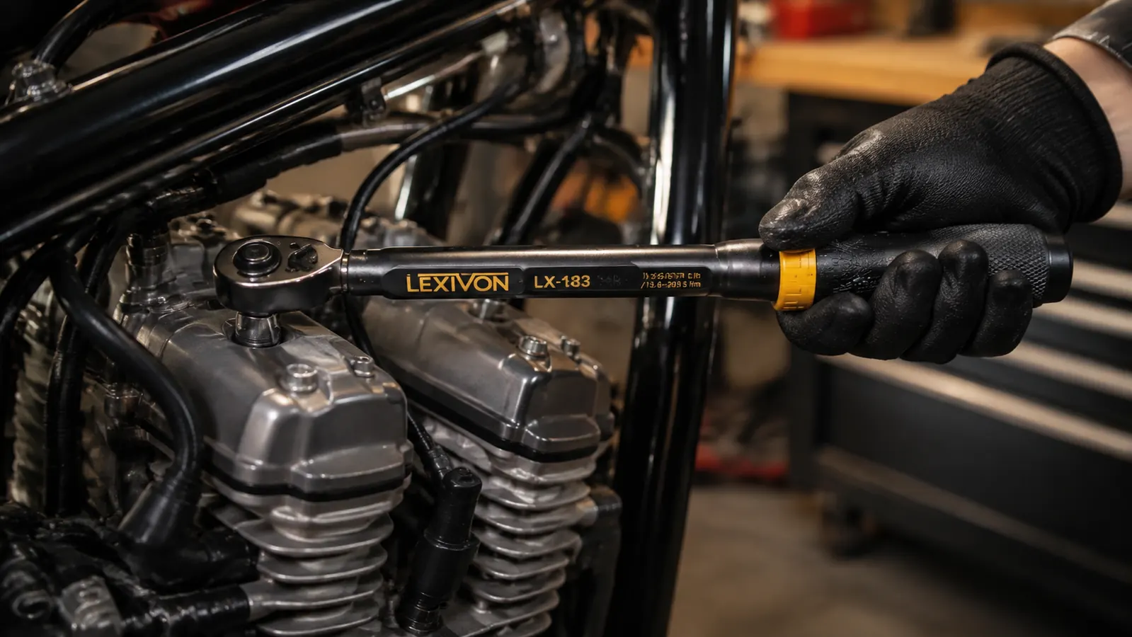 A gloved hand setting a torque wrench on a fastener at the top of a motorcycle engine, wrist turning as the click releases