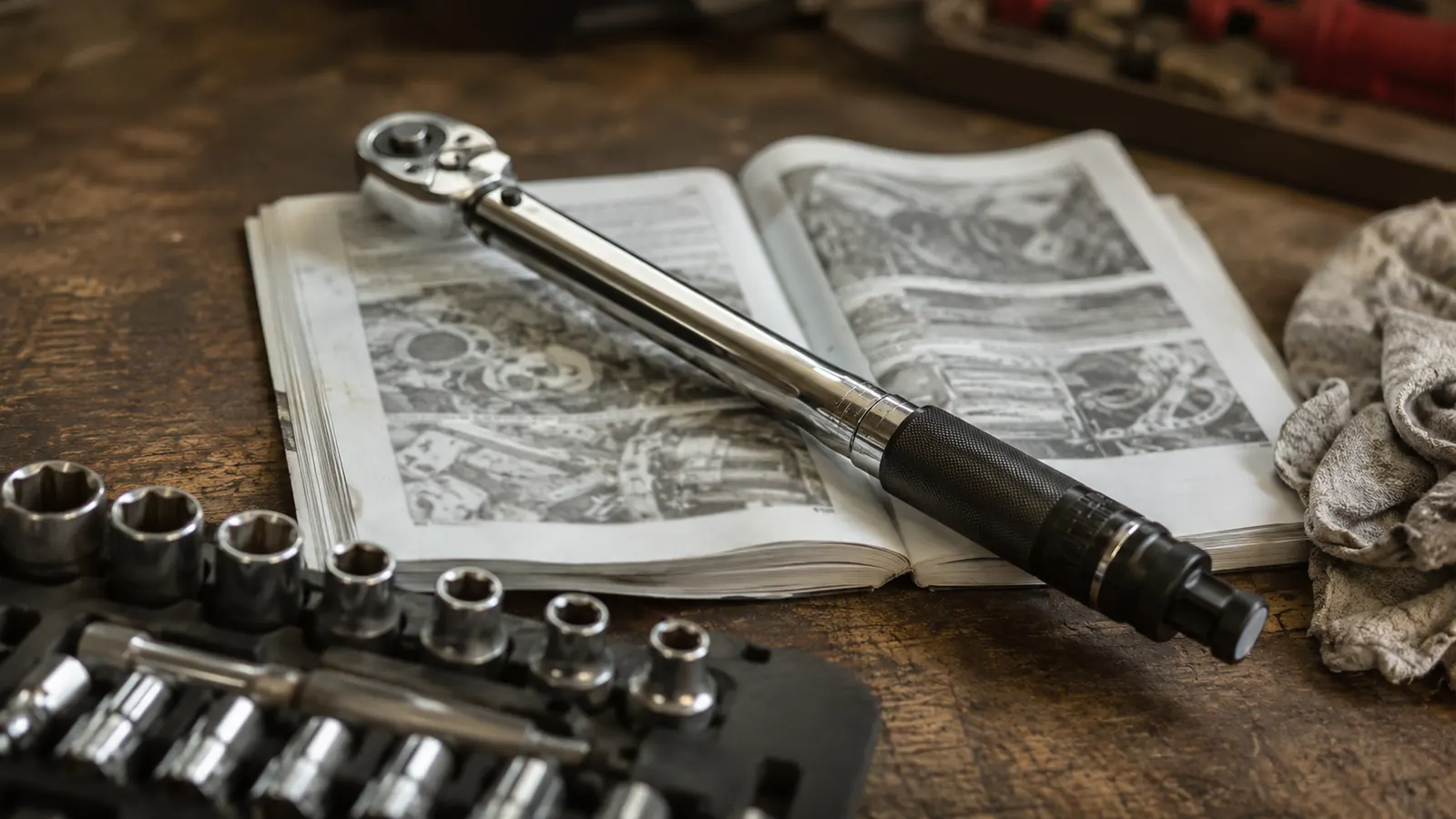 A torque wrench resting on an open shop service manual on a workbench next to a scattered set of sockets and a greasy rag