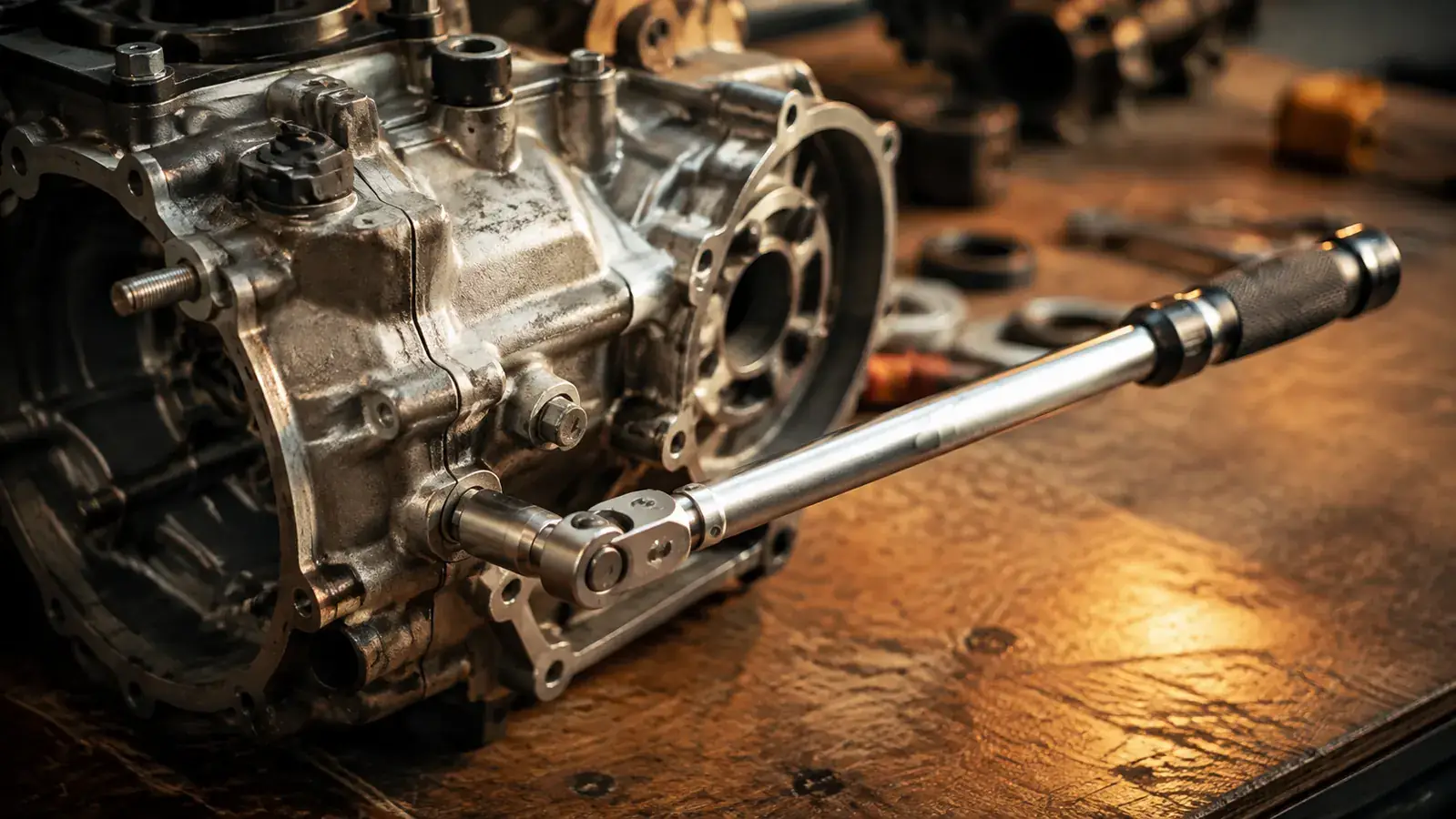 A 1/2-inch drive torque wrench locked onto a bolt on a motorcycle engine case, sitting on a greasy shop bench in warm morning light with a socket set nearby