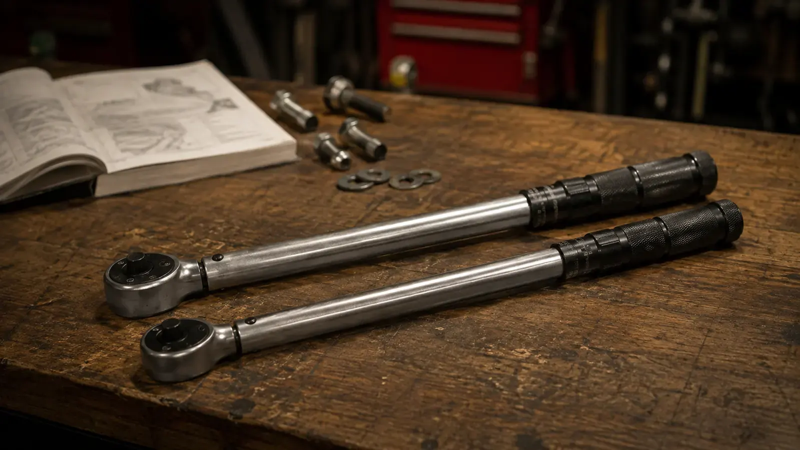 Two click torque wrenches lying on a workshop bench beside scattered fasteners and a service manual, warm garage light