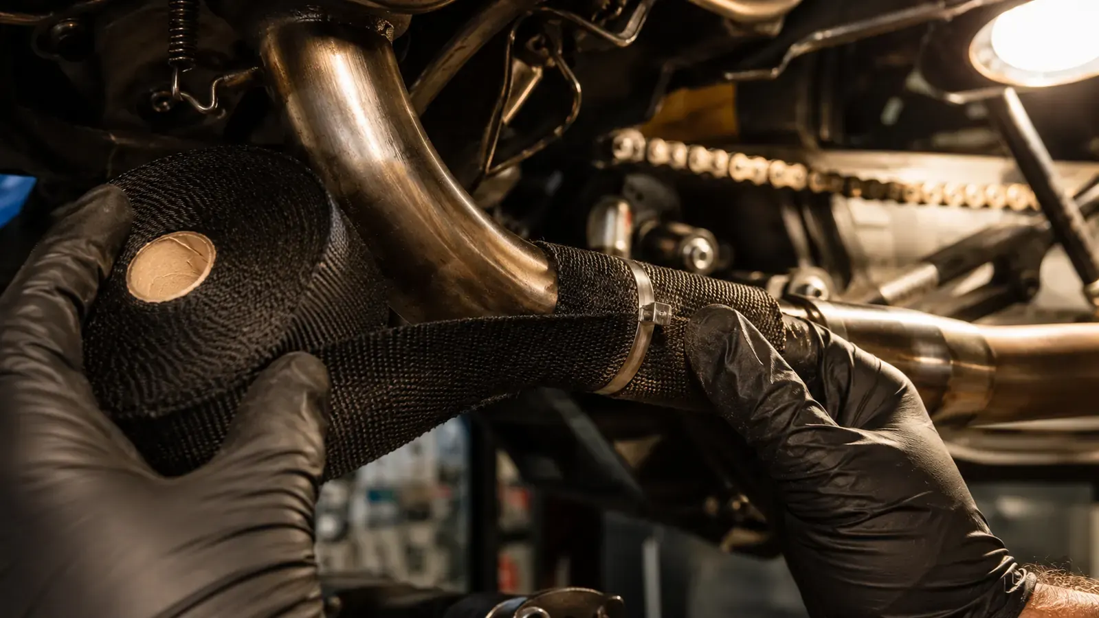 Two gloved hands stretching a woven fiberglass wrap strip tight around a motorcycle header pipe with a stainless band tie in place, garage work light overhead