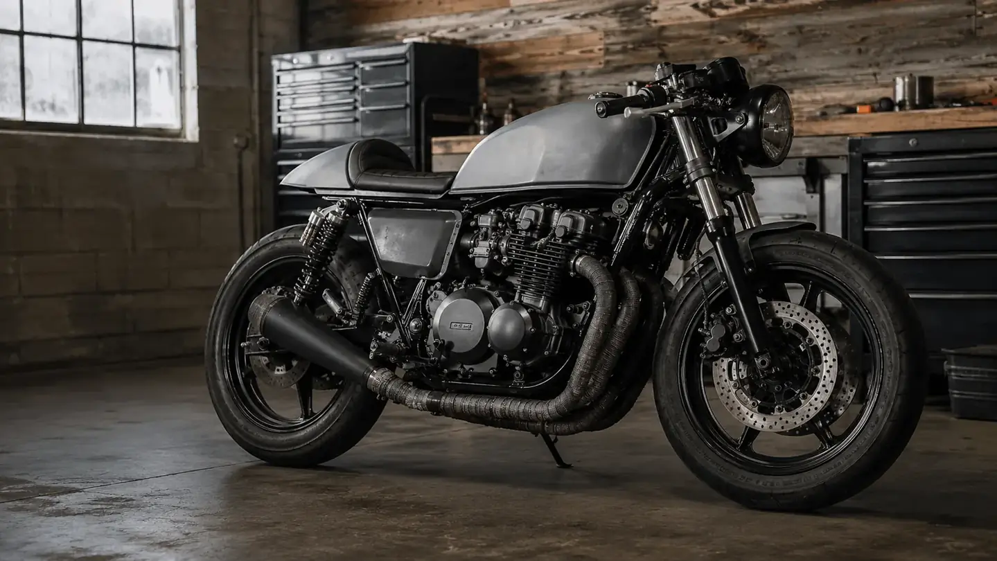 A motorcycle in a garage with a wrapped exhaust header pipe gathering light dust, frosty window light suggesting cold weather, a tool chest against the wall