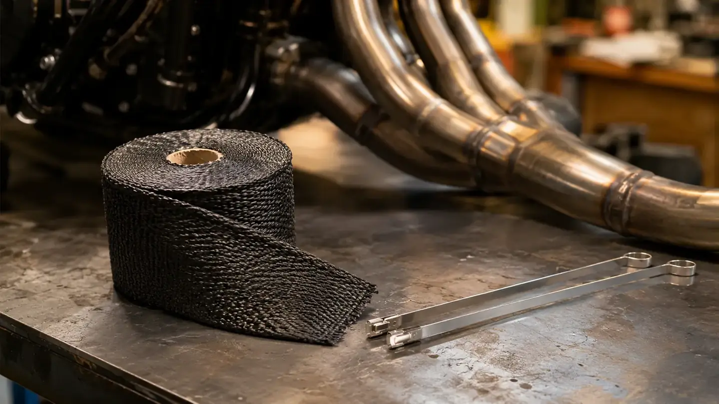A black fiberglass exhaust wrap roll on a steel workbench with two stretched-open stainless steel ties beside it, a motorcycle header pipe in the soft-focus background, warm workshop light
