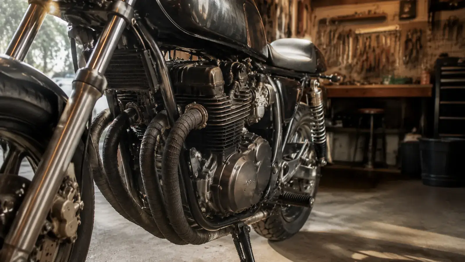 A motorcycle with a wrapped exhaust header sitting in a workshop, warm morning light through the garage doorway