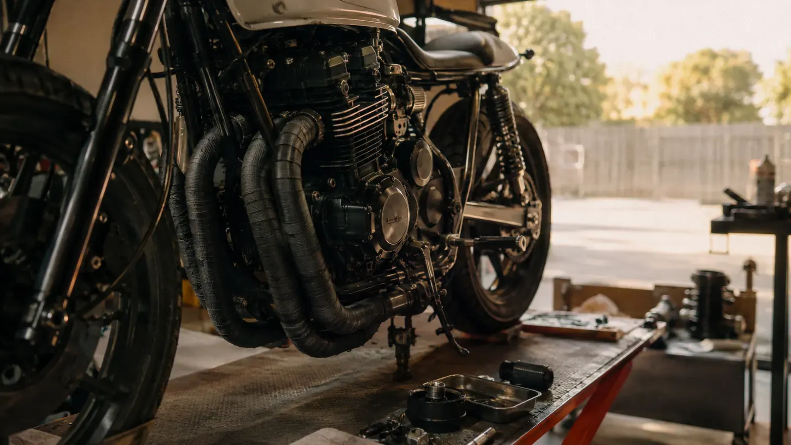 A motorcycle header pipe wrapped in black fiberglass heat wrap, bike up on a lift in a shop with warm morning light through the door