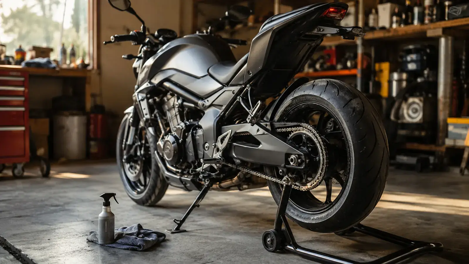 A motorcycle rear wheel resting on a low roller stand in a garage, with the chain exposed and a lube bottle sitting on the floor nearby